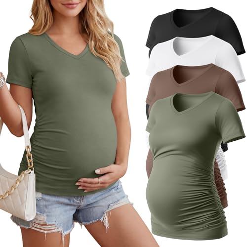 Huukeay 4 Pack Women's Maternity Shirts Pregnancy Top - color: Black, White, Coffee, Army Green, size: Medium