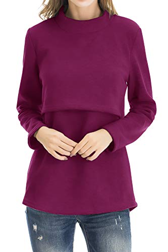 Smallshow Women's Fleece Nursing Tops Shirts Long Sleeve Breastfeeding Clothes - color: Burgundy, size: Medium