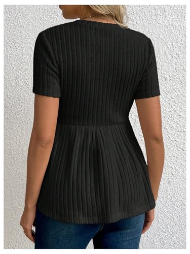 RoseSeek Women's Ribbed Knit Maternity T Shirt Short Sleeve Peplum Tops - color: Black, size: Medium