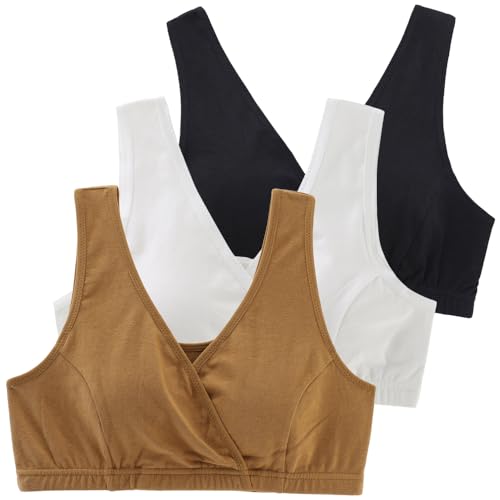 Women's Cotton Tank Sleep Bra for Maternity and Nursing - color: Black+white+olive, size: Large