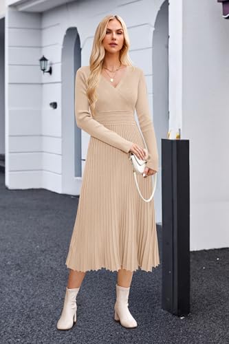 OUGES Women's Fall Maternity Dress for Photoshoot Long Sleeve Wrap V Neck Pleated Baby Shower Sweater Midi Dresses 2026 - color: Almond, size: XX-Large