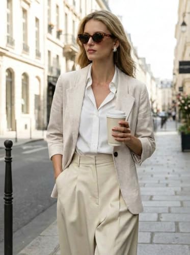 IDEALSANXUN Linen Blazer Women 3/4 Sleeve Lightweight Spring Summer Blazer Jackets - color: 1-beige, size: Medium