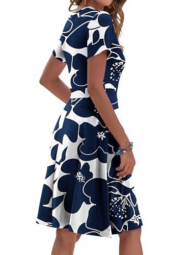 Womens Summer Floral Faux Wrap A-Line Dress with Pockets - color: White Navy Flower, size: Medium