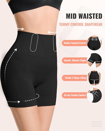 Tummy Control Shapewear Shorts, Mid Waist Body Shaper - color: 2x-black, size: Small