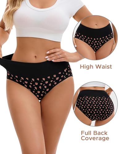 INNERSY Women's Underwear Cotton Hi-Waist Briefs 5-Pack - color: Black Rose, size: Large