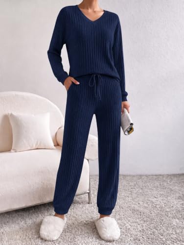 Ekouaer Lounge Sets for Women Long Sleeve Ribbed Knit Pajama Set - color: Navy Blue, size: Large