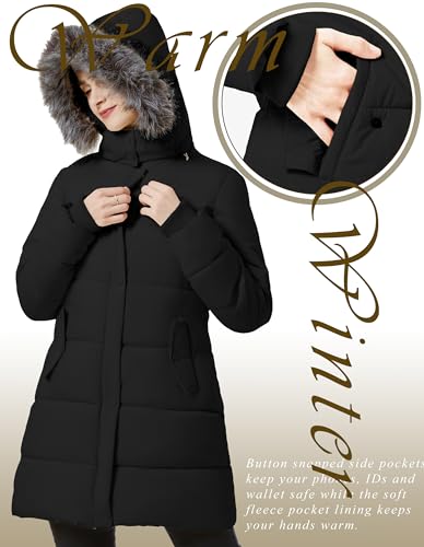 GGleaf Women's Winter Thicken Puffer Coat (Standard & Plus Size) Warm Snow Jacket with Fur Removable Hood - color: Black, size: Large