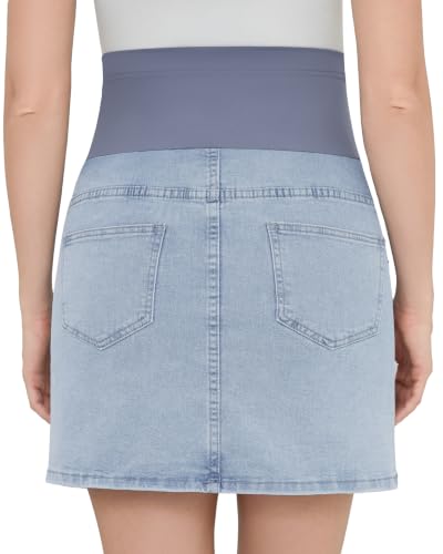 fitglam Women's Maternity Denim Skirts Over Belly Stretchy Pregnancy Skirts with Built-in Shorts - color: 02 Light Blue, size: Medium