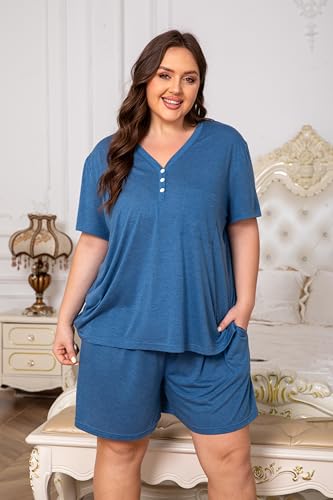 Vozanet Women's Plus Size Solid Pajama Sets Button V Neck Sleepwear Summer Shorts Nighty Soft Loungewear with Pockets - color: Blue, size: XX-Large