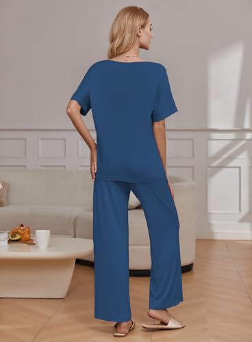 Ekouaer Pajama Sets Womens 2 Piece Short Sleeve Long Pants Pjs Lounge Set - color: Dark Blue, size: X-Large