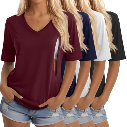 4 Pack Women Nursing Shirts Breastfeeding Tops - color: Burgundy, Navy Blue, White, Black, size: XX-Large