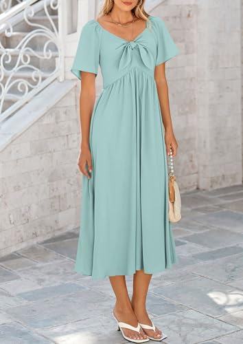 PRETTYGARDEN Women's Summer Bow Tie V Neck Midi Dresses - color: Aqua Green, size: X-Large