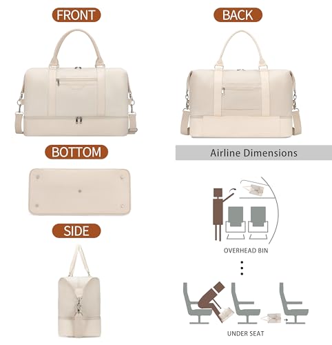 Oeihuivt Weekender Bags for Women - 21 Inch Large Travel Duffel Bag 3-Piece Set with Shoe Compartment, Heavy-Duty Canvas & Leather Carry On Overnight Tote (Airplane Approved) - color: Beige-A