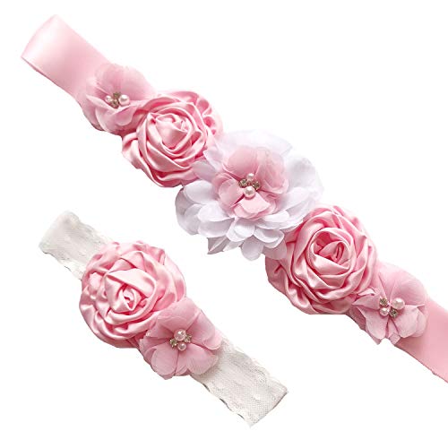 Lauthen.S Maternity Flower Sash Belt Headband Set, Women Girls Wedding Baby Shower Sash - color: Pink