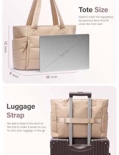 Uselike Tote Bag for Women with Zipper, Quilted Puffer Tote Bag with Compartments, Lightweight Puffy Work Bags for Women - color: Light Khaki