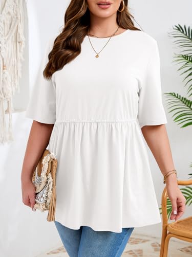 Beautife Womens Plus Size Babydoll Tops Summer Peplum Flowy Tunic Blouses - color: White, size: XX-Large Plus