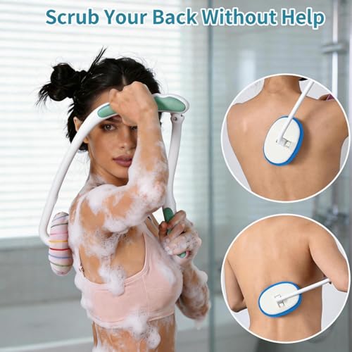 Back Scrubber for Shower, Full Body Shower Brush for Body, L-Shaped Foldable Long Handle, 2-in-1 Dual Purpose Back Scrubber, Suitable for The Elderly & Sensitive Skin - color: Blue+white