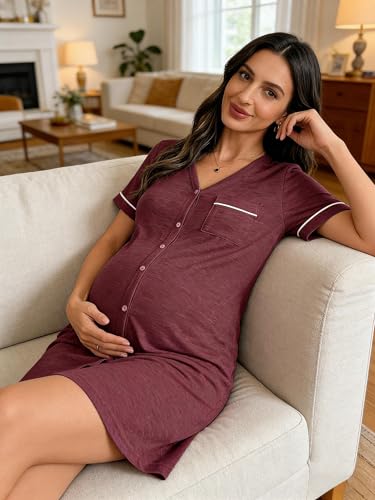BLENCOT Women’s Labor and Delivery Night Gown for Maternity Short Sleeve V Neck Open Front Shirt Dress with Buttons - color: Burgundy, size: Medium