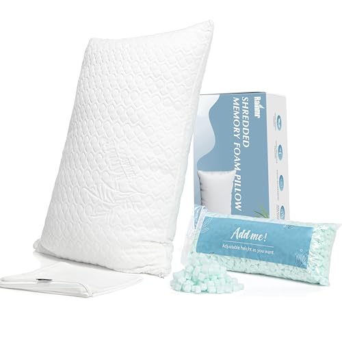 Rainmr Queen Size Bed Pillow for Sleeping Shredded Memory Foam Adjustable Loft Pillows with Cooling Washable Pillow Case, 20x30 inches (White, Queen 1-Pack) - size: 20x30 IN