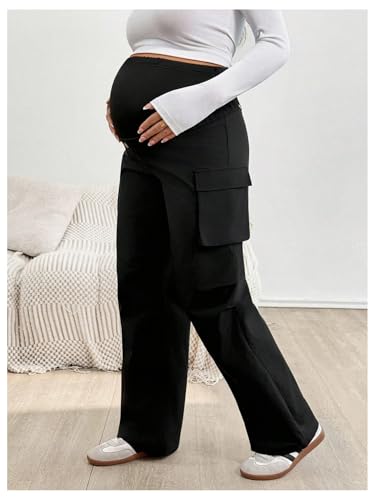 MakeMeChic Women's Maternity Cargo Pants High Waisted Wide Leg Trousers - color: Black, size: Medium