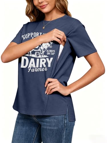 Breastfeeding Shirts for Women Hidden Zippers Nursing Shirt Side Split Tees - color: Blue, size: Large