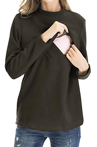 Smallshow Women's Fleece Nursing Tops Shirts Long Sleeve Breastfeeding Clothes - color: Army Green, size: Medium