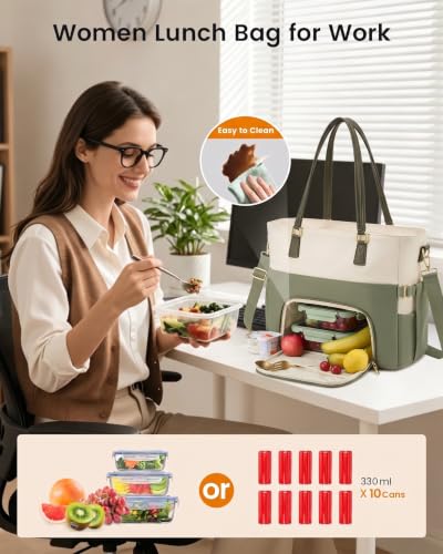 LOVEVOOK Lunch Tote Bag for Women, Work Laptop Bag with Lunch Compartment - color: Green Beige-Lunch, size: 15.6 Inch