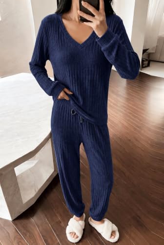 Ekouaer Lounge Sets for Women Long Sleeve Ribbed Knit Pajama Set - color: Navy Blue, size: Large