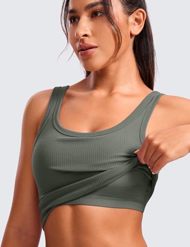 CRZ YOGA Ribbed U Neck Crop Tank Tops - color: Grey Sage, size: XX-Small