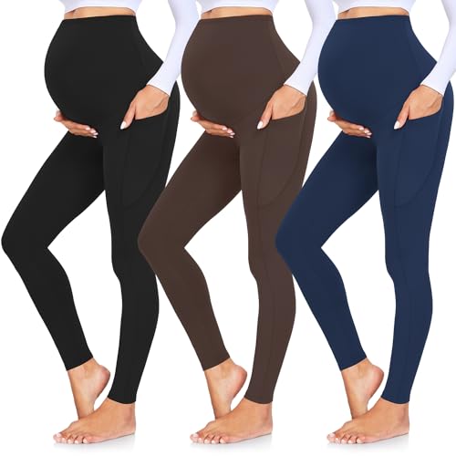 GROTEEN 3 Pack Maternity Leggings with Pockets Over Belly Yoga Pants - color: 02a-black/Coffee/Navy Blue, size: Small