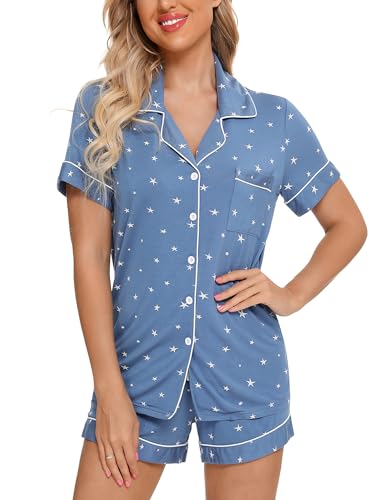 Senert Womens Pajamas Sets Soft Button Down Short Sleeve Sleepwear - color: A Lake Blue With Star With Line, size: XX-Large