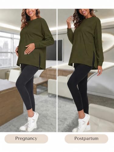 Ecavus Women's Maternity Shirts Long Sleeve Side Split Pregnancy Top - color: Army Green, size: Small