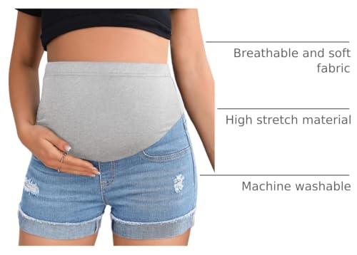 BEAUDRM Women's Maternity Adjustable High Waist Denim Mini Shorts - color: Light Wash a, size: Large