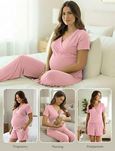 PATPAT 3-Piece Maternity Nursing Pajamas, Womens Lounge Set with Pockets - color: Light Pink, size: XX-Large