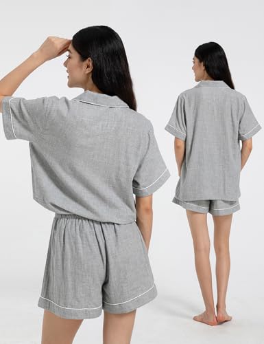 Womens Muslin Pajama Sets 100% Cotton Double Gauze Linen Like Short Pjs - color: Heathered Light Grey, size: Medium