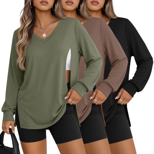 3 Pack Women's Nursing Breastfeeding Long Sleeve Shirts - color: Army Green, Light Brown, Black, size: Large