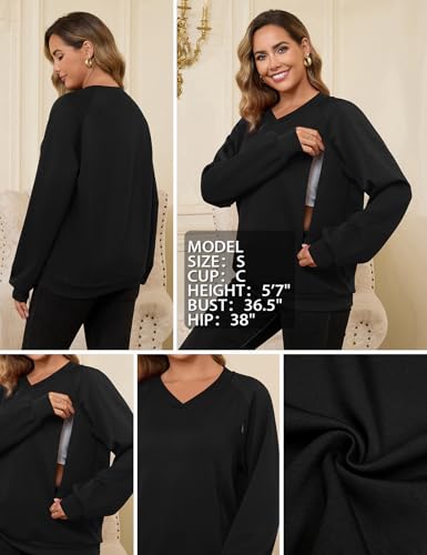 Bhome Nursing Sweatshirt Long Sleeve V Neck Breastfeeding Shirts Zipper Maternity Pumping Tops Pregnancy Sweater Pullover - color: Black, size: Medium