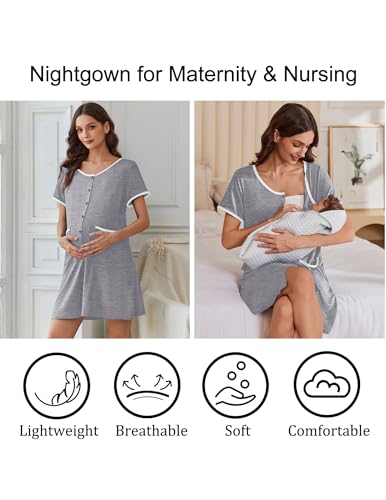 Ekouaer Nightgowns for Women Bamboo Viscose Button Sleep Shirt with Pockets - color: Light Grey, size: Small