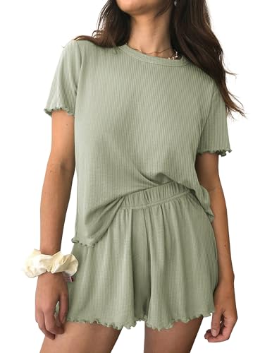 Ekouaer Womens Pajamas 2 Piece Ribbed Knit Pjs Short Sleeve Lounge Sets - color: Green, size: Large