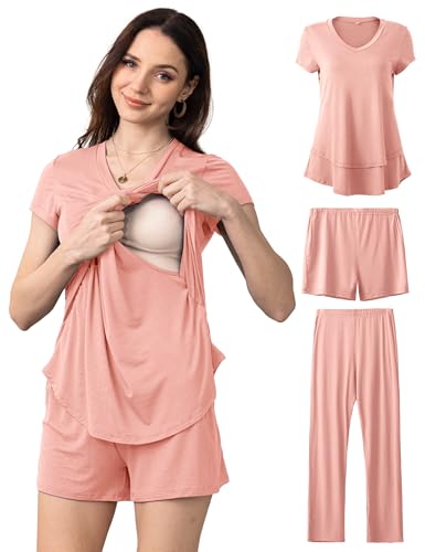 SUNNYBUY 3 PCS Maternity Breastfeeding Pajamas Set with Hidden Nursing Top - color: Pale Pinkish Purple, size: Medium