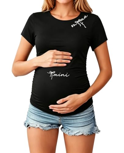 Maternity Shirts for Women Pregnancy Top Tees Crew Neck Graphic Side Ruched Casual Mama Clothes - color: Black, size: Medium