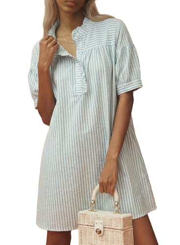 BLENCOT Summer Dresses for Women Puff Sleeve Striped Button Mini Dress - color: White Stripe, size: Medium