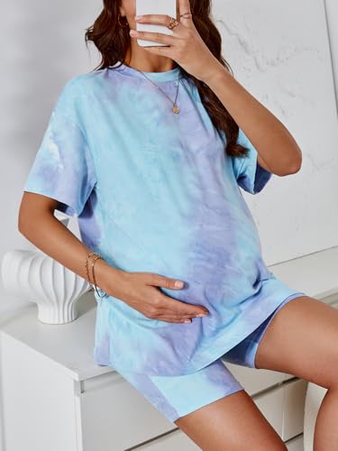 MakeMeChic Women's Maternity 2 Piece Outfit Tee Shirt and Biker Shorts - color: Purple, size: Large