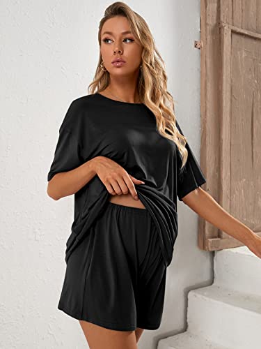 Verdusa Women's Maternity Pajama Set 2 Piece Drop Shoulder Top and Short Lounge Sets - color: Black, size: Small