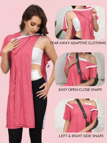 Women's Post Shoulder Surgery Tear Away Dress Short Sleeve Full Open Side Snap Adaptive Clothing with Pockets - color: Peach Pink, size: Medium