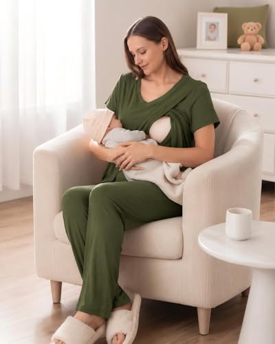 Rnxrbb 3 PCS Women Nursing Pajamas Set Postpartum Maternity Pj with Pockets - color: Army Green, size: Small