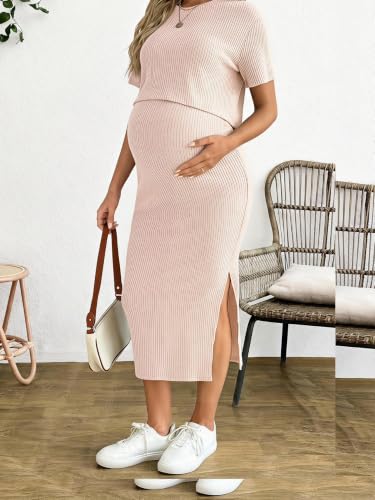 SHENHE Women's Maternity Ribbed 2 Piece Outfits Crop Top Bodycon Midi Skirt - color: Beige, size: Medium
