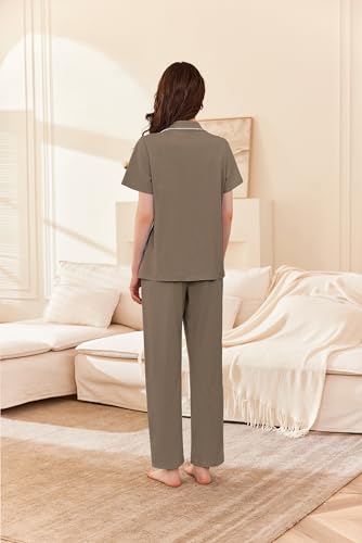 Ekouaer Women's Cotton Pajamas Set Short Sleeve Button Down Pjs with Pants - color: Brown, size: X-Large