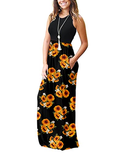 AUSELILY Women's Summer Sleeveless Loose Plain Casual Long Maxi Dresses - color: Sunflowers, size: Large