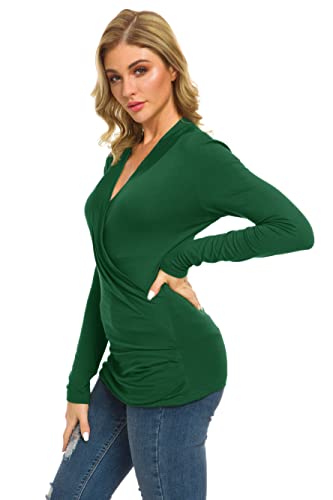 Afibi Womens Slim Fitted Deep V Neck Cross Wrap Top Long Sleeve T-Shirts - color: Dark Green, size: XX-Large